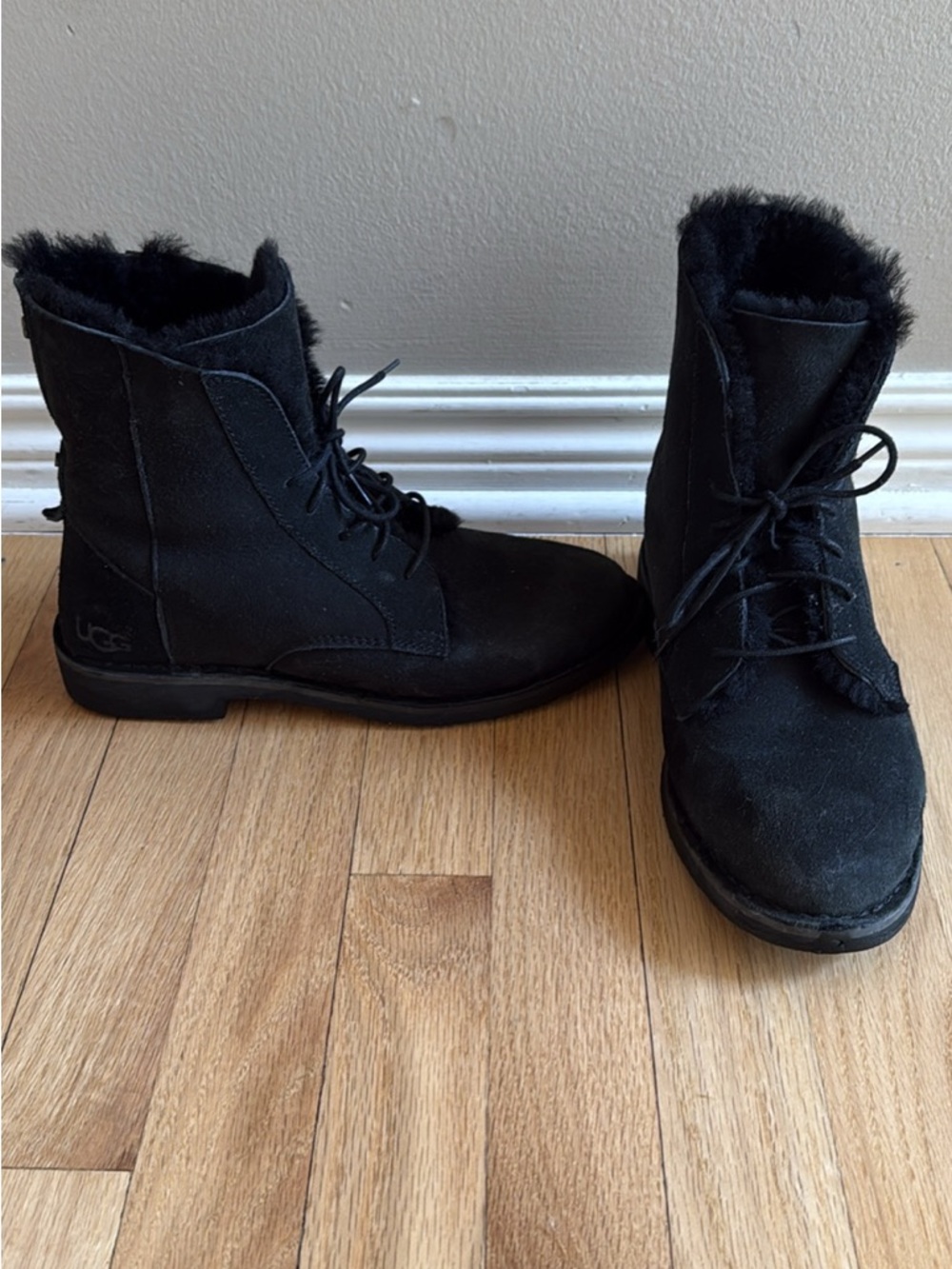 UGG Black Lace-Up Shearling Combat Ankle Boots